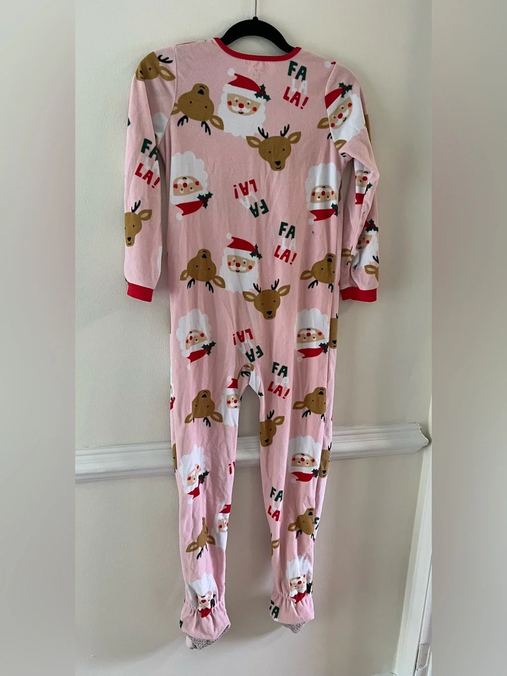 Pink Holiday Onesie Pajamas with Reindeer & Santa Print